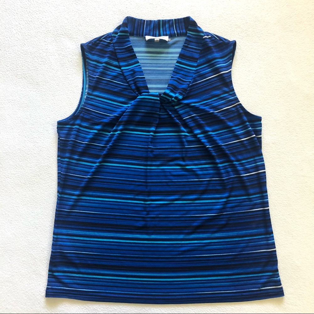 Calvin Klein Women Aqua Blue Stripe Print Twist V-Neck Sleeveless Top Blouse S